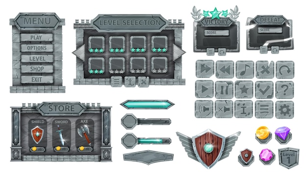 Stone game UI vector set medieval rock button icon kit castle menu background victory frame crystal Shield winner badge user interface mobile element knight weapon Game UI template on white