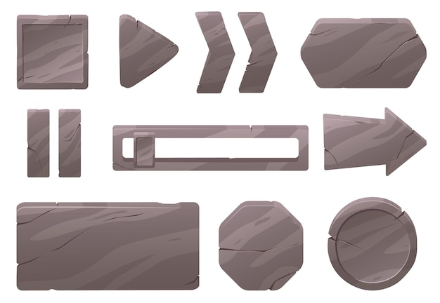 Stone menu buttons GUI design elements Natural rocky texture interface frames Boards with fissures Objects for game or site navigation Cracked tablets Rock UI icons vector set