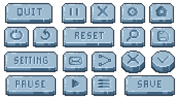 Stone pixel buttons Old school video game interface elements 8 bit retro app navigation panel Vector square UI game elements isolated collection