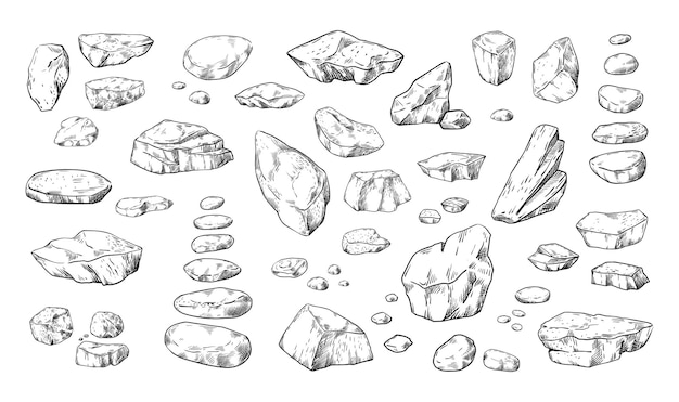 stones sketch hand drawn pebble and boulders in piles outline doodle rock structure natural material rugged cobblestone shapes isolated engraving geological elements vector granite rubbles set