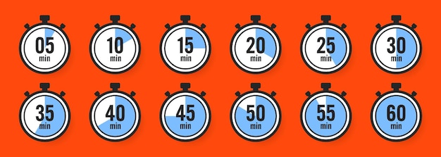 stopwatch icons colorful simple chronometer time counter with dial countdown timer showing hours and minutes deadline measurement for sport cooking time label sticker vector illustration