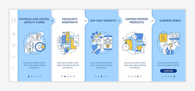store loyalty program ideas onboarding vector template. responsive mobile website with icons. web page walkthrough 5 step screens. loyalty card color concept with linear illustrations