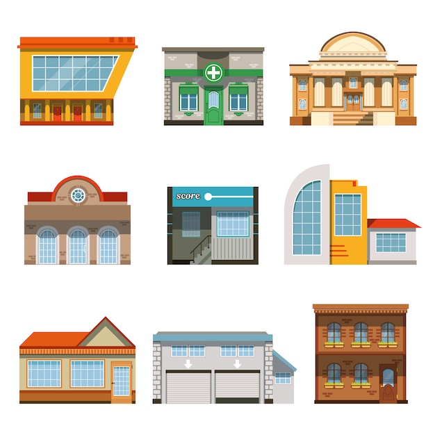 store shop front window buildings icon set  
