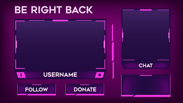 Stream overlay be right back screen bright pink and purple theme vector illustration