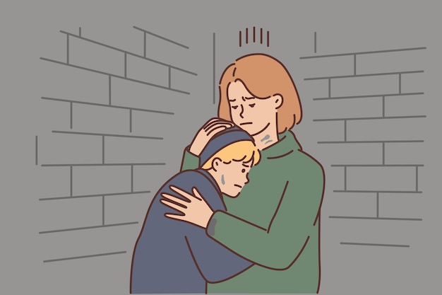 stressed mother and child hiding in basement