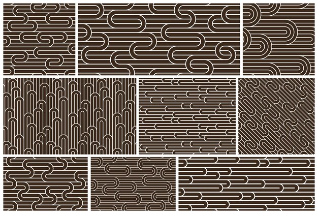 Stripy vector seamless patterns with woven lines, geometric abstract backgrounds set, stripy net, optical maze, web network.