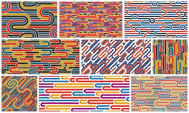Stripy vector seamless patterns with woven lines geometric abstract backgrounds set stripy net optical maze web network