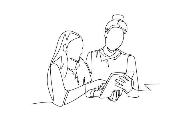 Students and teachers using touch pads concept oneline drawing