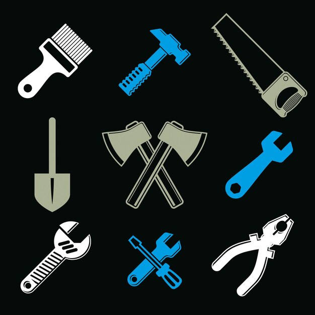 Stylized industrial icons, 3d vector work tools collection. Set of repair instruments, manufacturing and construction utensil.
