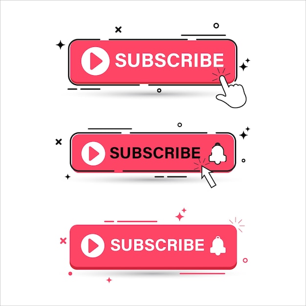 Subscribe button set with red color. Subscribe button flat design collection. Stylish red color button collection for social media posts. Subscribe button with bell icon, play icon and click icon.