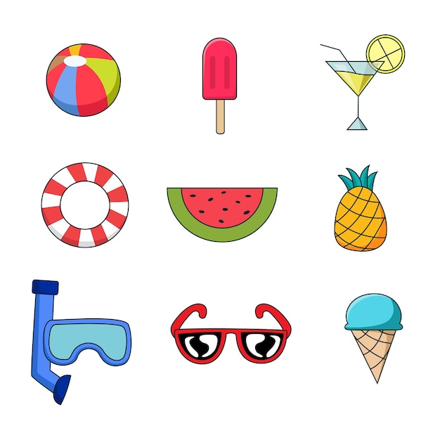 summer icons set in cartoon style Vector illustration