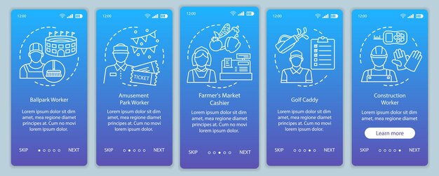 Summer parttime jobs blue onboarding mobile app page screen vector template