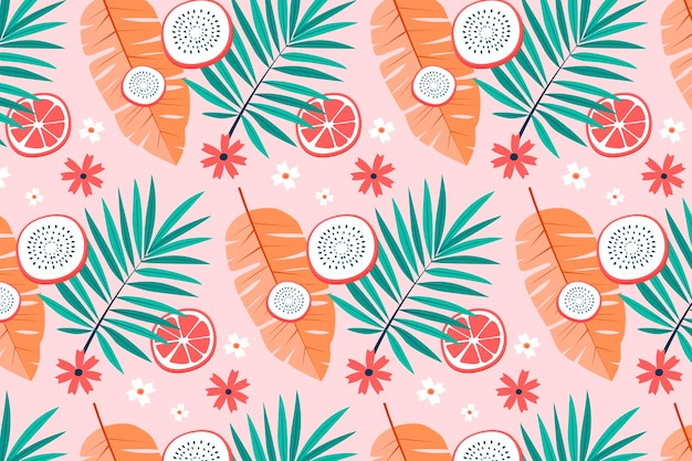 Summer pattern with tropical leaves and dragon fruit