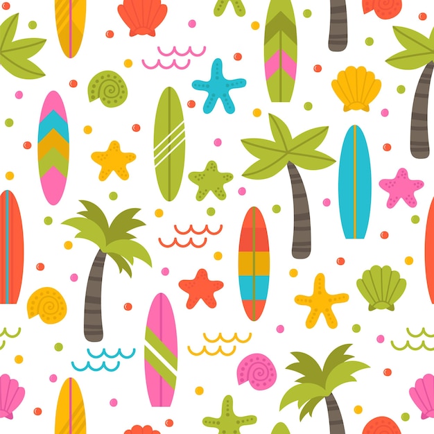 Summer seamless pattern with surfboards palm trees and shells Cute ocean background wrapping paper