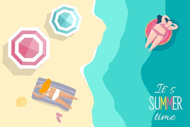 summer time beach illustration girl swimming sunbathing and relaxing in the ocean or sea vacation