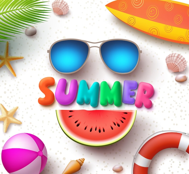Summer vector text in white sand background with colorful sunglasses and watermelon concept