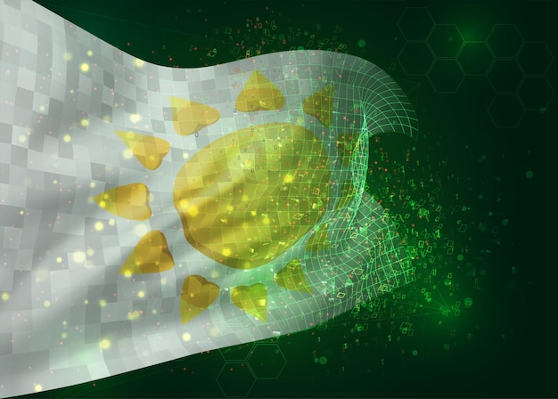 Sun on vector 3d flag on green background with polygons and data numbers