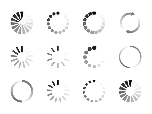 Super set different load icon. Circle website buffer loader or preloader. Download or upload status icon.