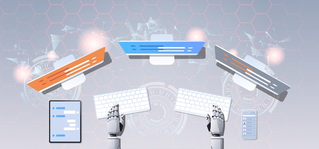 support chat bot robot hands using computer and mobile application virtual assistance online