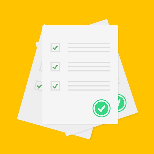 Survey or exam form paper sheets pile with answered quiz checklist and success result