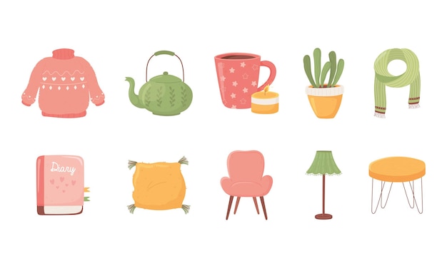Sweater teapot coffee cup plant scarf book chair lamp table icons collecyion cartoon hygge style illustration