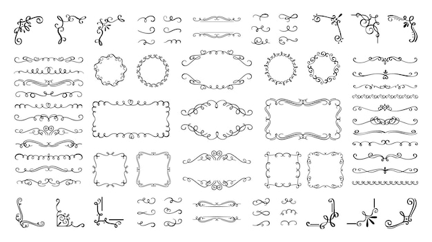 Swirl ornaments and frames. Vintage borders, corner, dividers and filigree elements. Calligraphy line decoration for certificate, vector set. Filigree decoration, border ornament to invitation