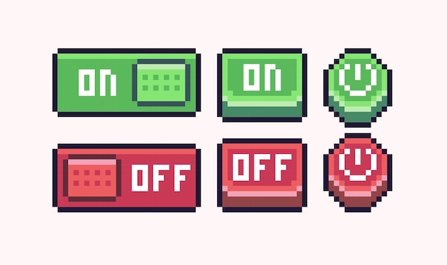 Switch on off button pixel art set. Shutdown slider collection. Red green interface switcher 8 bit