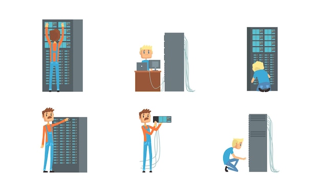 sysadmin characters set men repairing and adjusting network connection and upkeeping server support