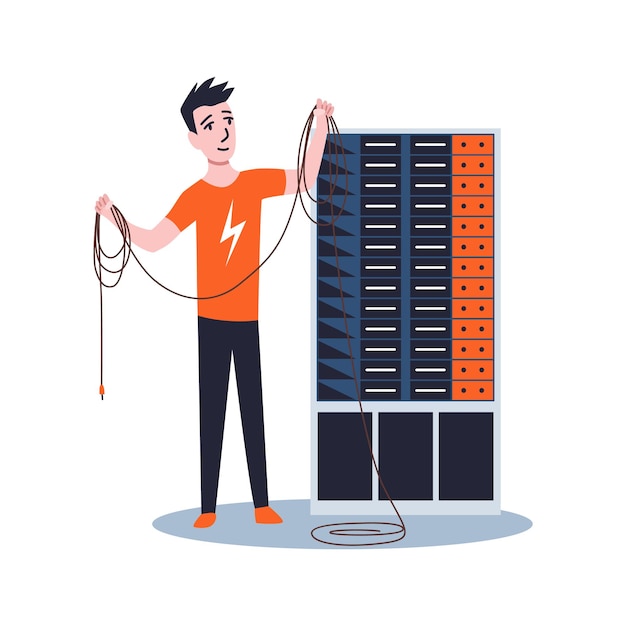 sysadmin maintaining or repairing server. maintaining work, repairing and adjusting network connection. technical engineer work on system maintenance