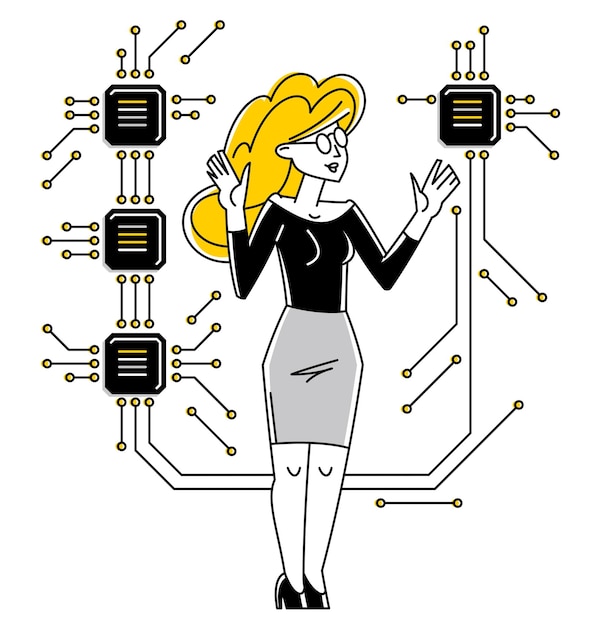 Sysadmin repairing hardware vector outline illustration system administrator computer engineer working with circuit boards motherboard and processor server pc technology