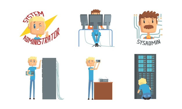 System administrator characters set people adjusting network connection working on computer and