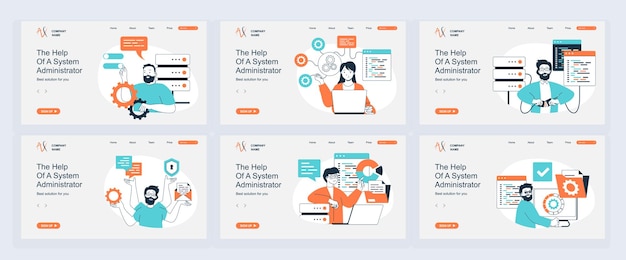 system administrator concept of landing page with slide templates set in flat design website headers with people monitoring server racks do maintenance and technical repair vector illustrations