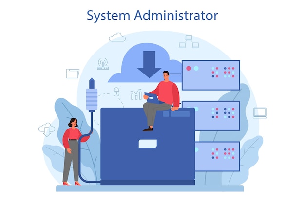 system administrator. people working on computer and doing technical work with server. configuration of computer systems and networks.