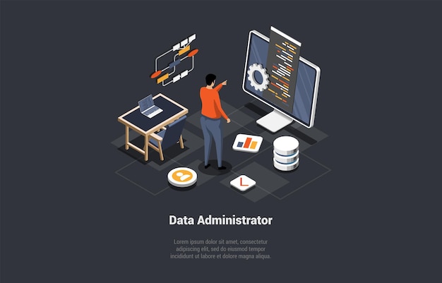 system administrator upkeeping server adjusting network pc hardware sysadmin repairing computer and smartphone administration storage archive server isometric cartoon 3d vector illustration