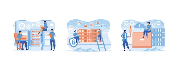 System administrators or sysadmins are servicing server racks Configuration of computer systems and networks System administrator concept Set flat vector modern illustration