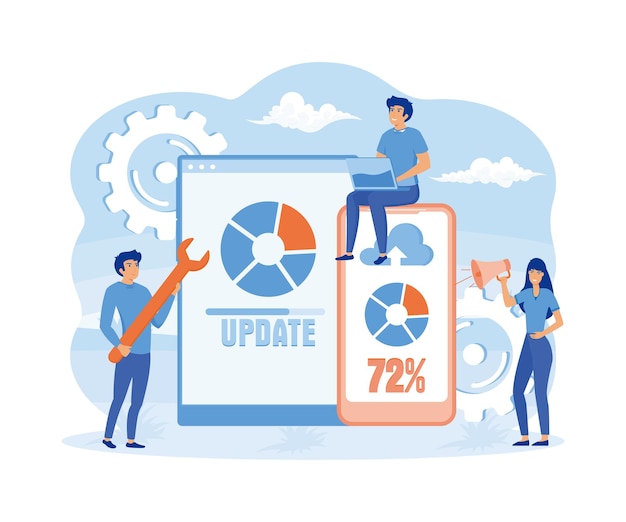 System updates with people updating operation in computing and installation programs Mobile application flat vector modern illustration