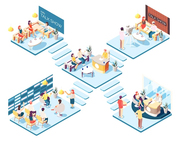 Talk show studios isometric composition with hosts and guests isolated3d  illustration