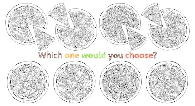 Tập hợp các loại pizza vector khác nhau. Bản phác thảo.