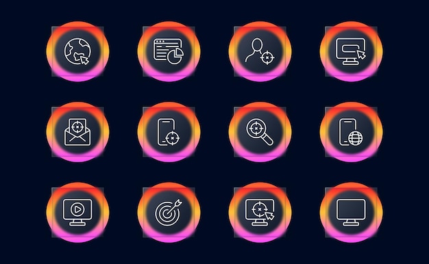 Targeted advertising icon set Marketing tv banner product money television pause sale poster Add concept Pastel color background Vector line icon for business