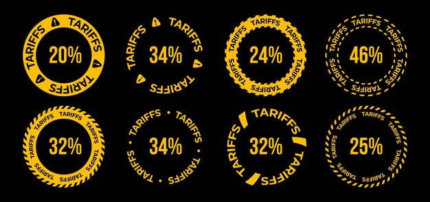 tariff warning labels with percentage signs in circular badge shapes bold typography and caution