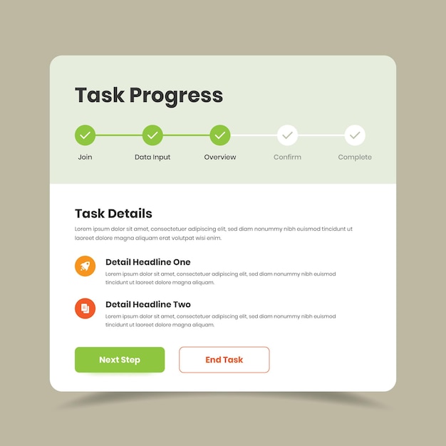 Task progress steps controller or tracker ui design with summary text for mobile and web application
