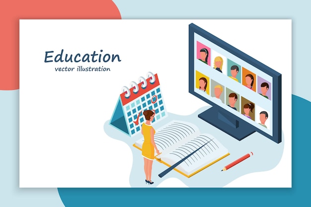 Teacher with pointer and book in front of a computer screen Online education Remote education