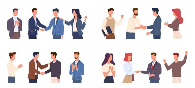 Vector team congratulates colleague. chief shakes hand manager for successful project, office staff greeting co-worker development, people respect and high five, partnership vector flat cartoon concept