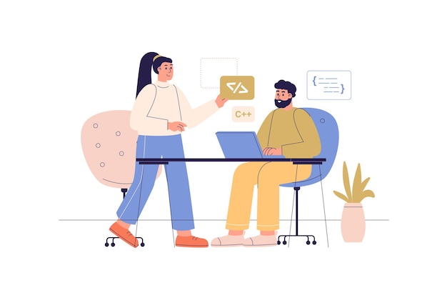 Team developers web concept with people scene Man and woman creating software discussing task and brainstorming programming and coding Character situation in flat design Vector illustration