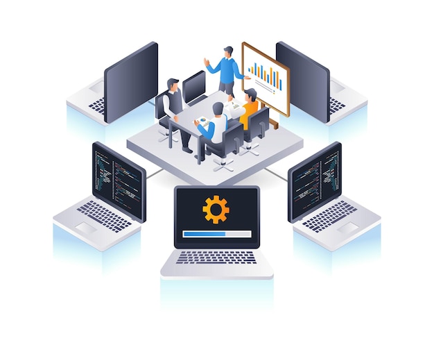 team developing computer technology infographic 3d illustration flat isometric