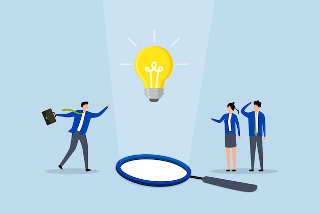 team of business professionals observing a lightbulb suspended from magnifying glass