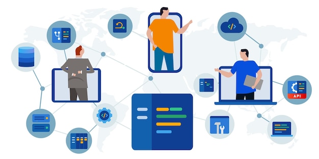 team of developer programmer coding working online globally agile connected software line