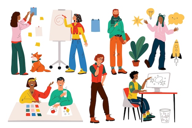 Team work people Bright creative guys and girls Young funny colleagues Office teamwork Professionals characters cooperation Free professions Coworking job Employees group Garish vector set