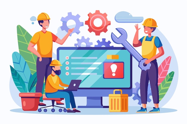 Teams of workers are addressing computer issues together in a collaborative workspace with tools and technology workers are fixing computer errors