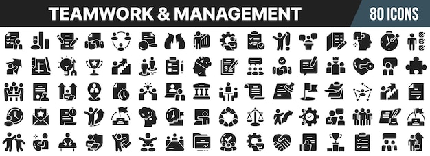 Teamwork and management black icons collection